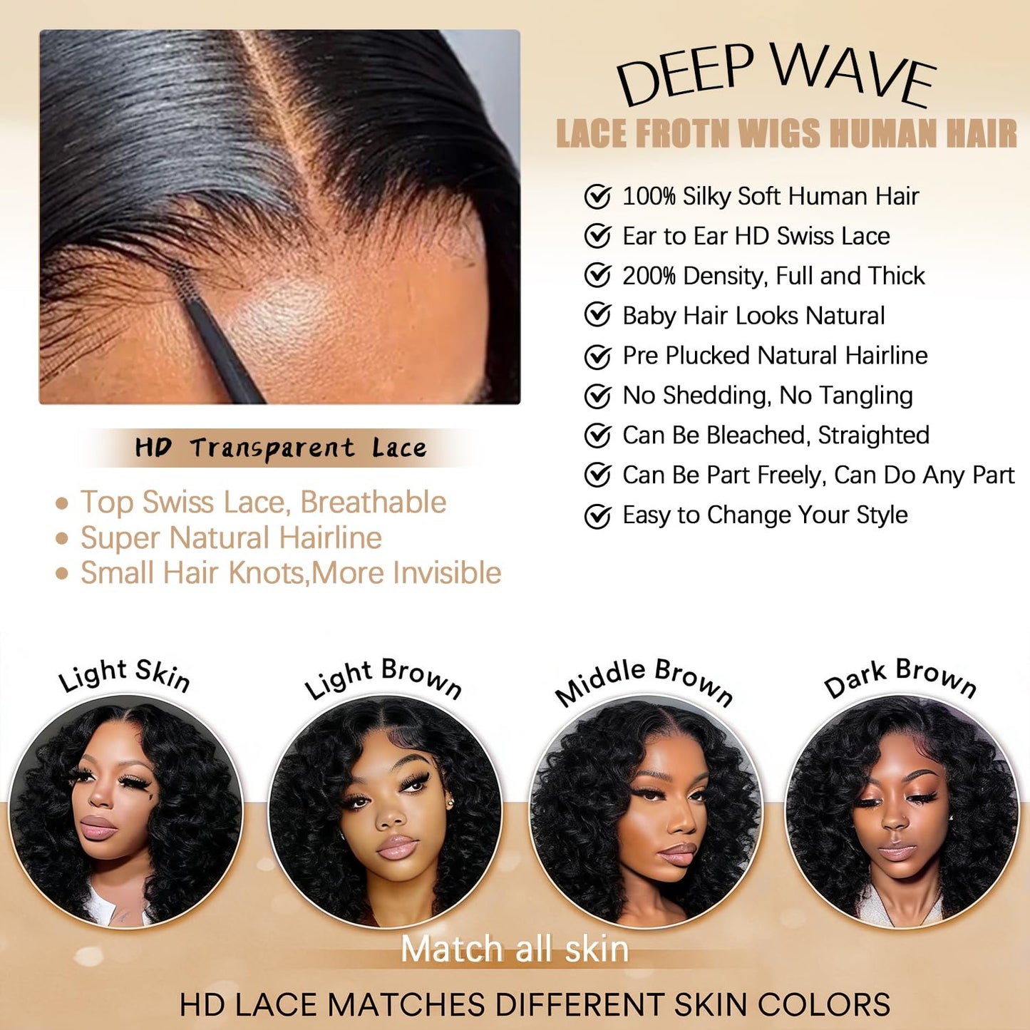 Gearina 28inch Deep Wave Lace Front Wigs Human Hair 200 Density 13x6 HD Transparent Lace Front Wigs for Women Deep Curly Lace Frontal Pre Plucked Wig Human Hair Glueless Wigs Natural Black
