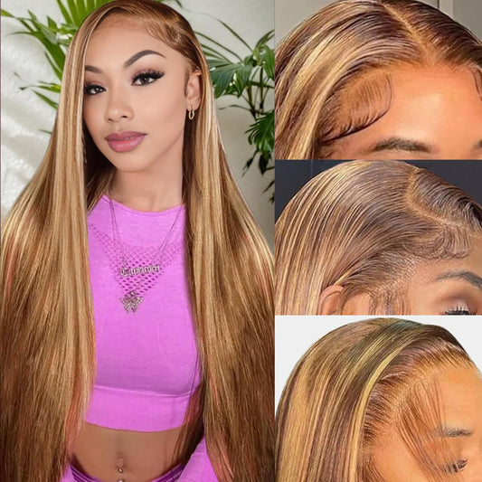ROLKISA Highlight Ombre Lace Front Wig Human Hair 13x6 HD Transparent Straight Lace Front Wigs Human Hair Pre Plucked 180% Density 4/27 Colored Honey Blonde Wig for Women 26Inch