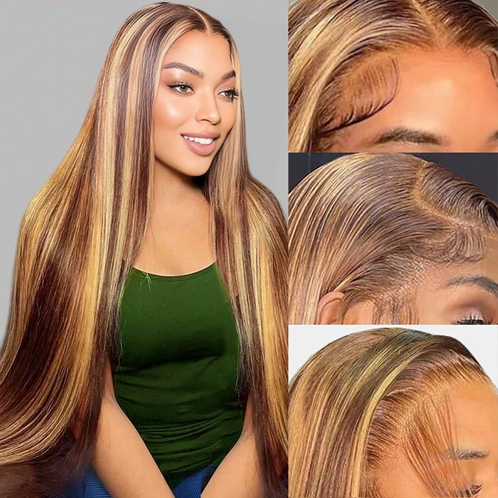 ROLKISA Highlight Ombre Lace Front Wig Human Hair 13x6 HD Transparent Straight Lace Front Wigs Human Hair Pre Plucked 180% Density 4/27 Colored Honey Blonde Wig for Women 34Inch