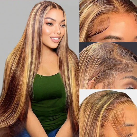 ROLKISA Highlight Ombre Lace Front Wig Human Hair 13x6 HD Transparent Straight Lace Front Wigs Human Hair Pre Plucked 180% Density 4/27 Colored Honey Blonde Wig for Women 34Inch