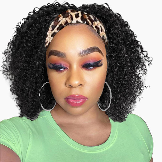 Celiarita Headband Wig Human Hair Deep Wave 10 inch None Lace Front Wig Human Hair Machine Made Wigs Glueless Curly Hair Headband Half Wigs for Black Women Human Hair Natural Color