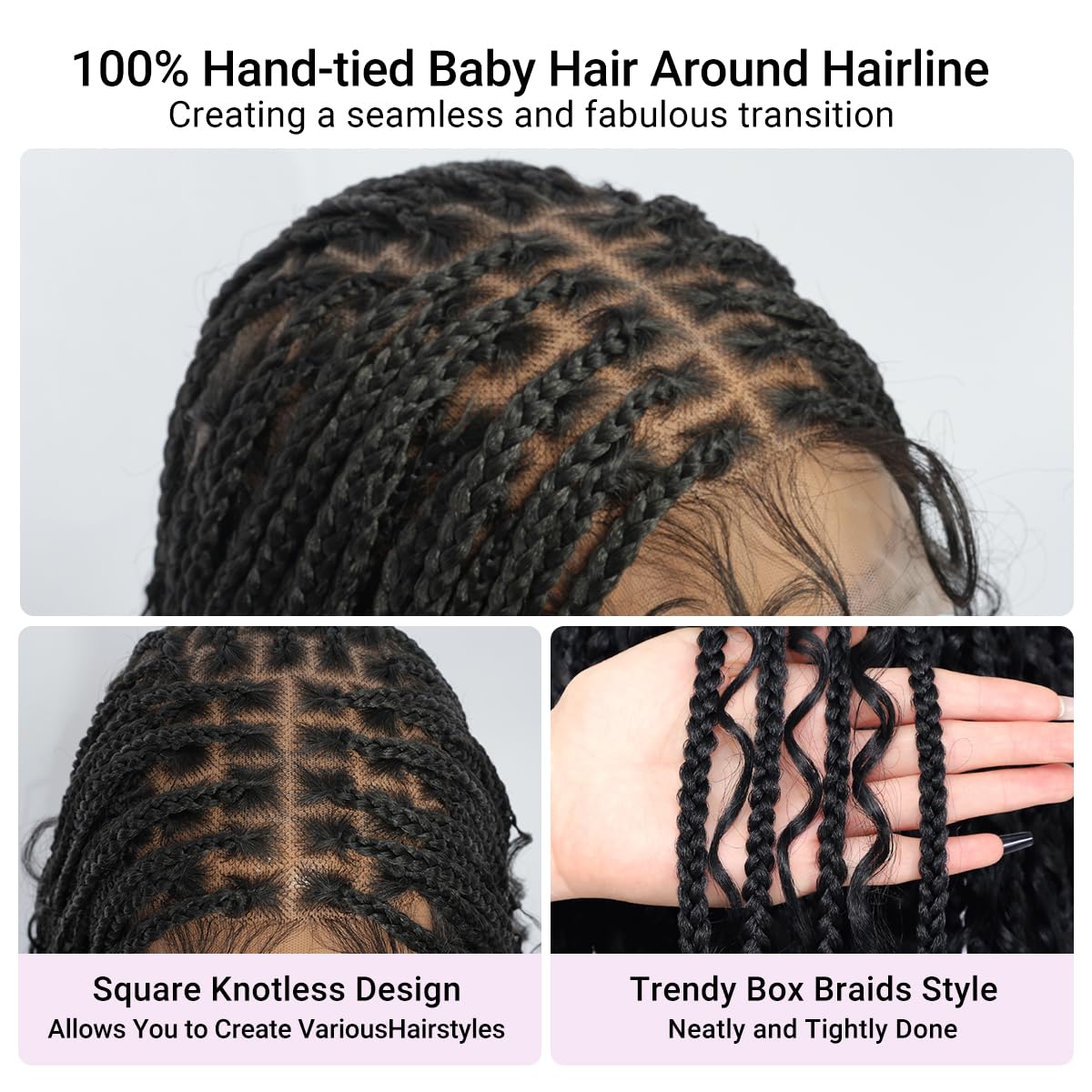 SUPERNOVA Knotless Boho Box Braided Wigs For Black Women 36inch Square Knotless Full Lace Box Braid Wig Goddess Braided Wig With Baby Hair Bohemian Curly Ends Synthetic Boho Braids Wig (36 Inch)