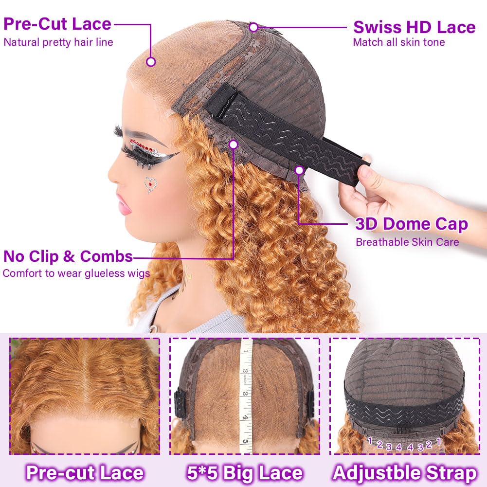 UCUVIC Wear And Go Glueless Wigs Human Hair Pre Plucked Pre Cut Curly 5x5 Deep Wave Bob Wig Human Hair Lace Front Closure Wigs For Black Women 200 Density Curly Wig Glueless Honey Blonde 18 Inch