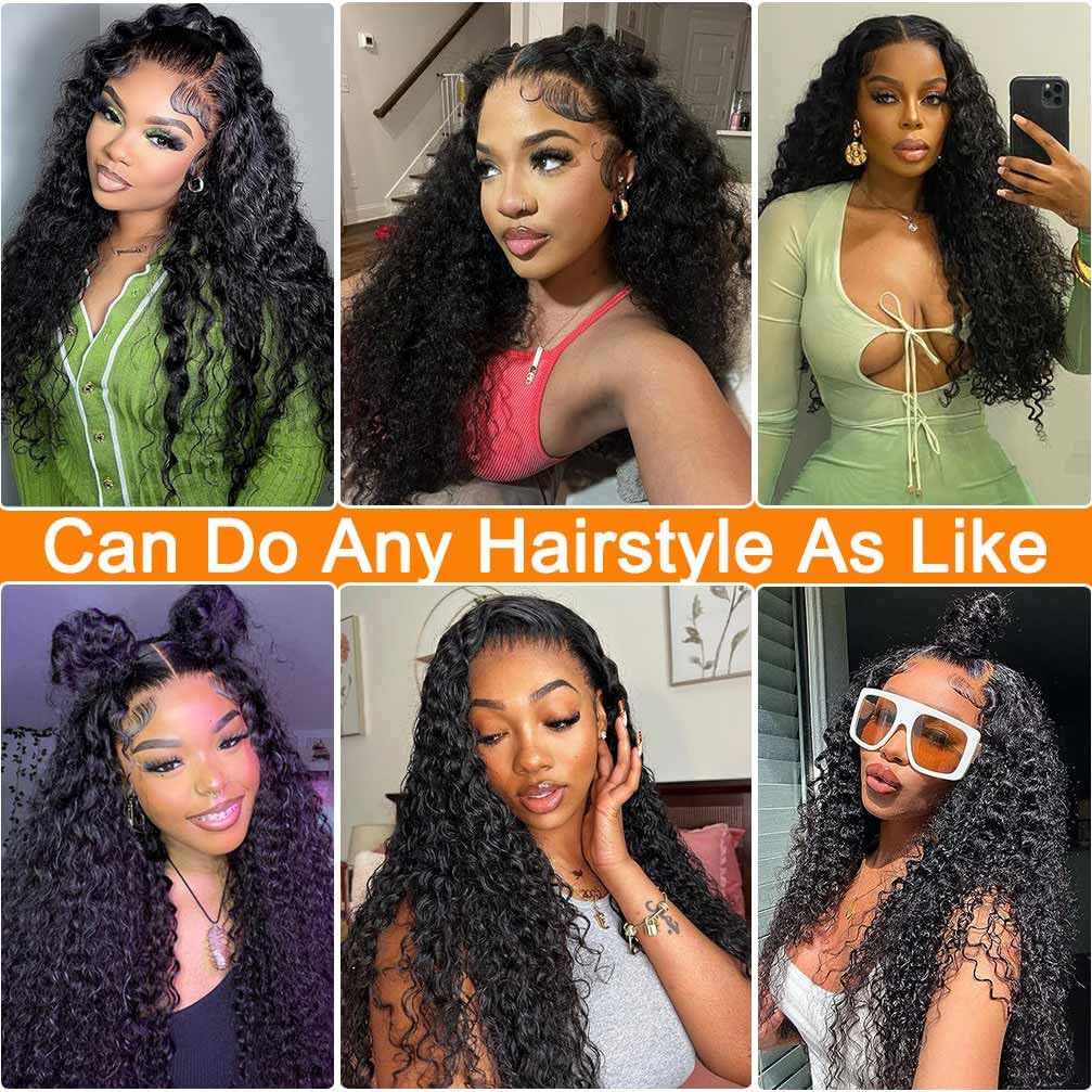 WPPIKK Wear and Go Glueless Wigs Human Hair Pre Plucked Pre Cut Brazilian Deep Wave Lace Front Wigs Human Hair 4x4 Lace Closure Wig for 4x4 Lace Black Color Women Glueless (30 Inch)