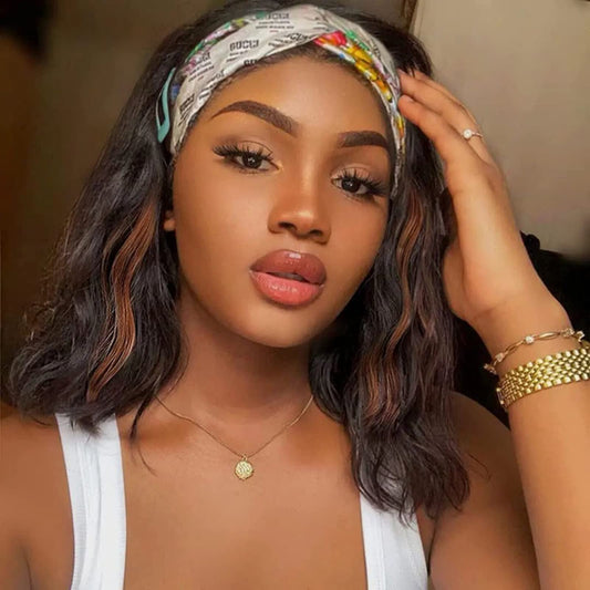 Colorful Queen Glueless Headband Wig Synthetic Long Black Body Wave Headband Wigs for Black Women Natural Looking Wavy Wig Heat Resistant 180% Density(16inch, 1B/H30#)