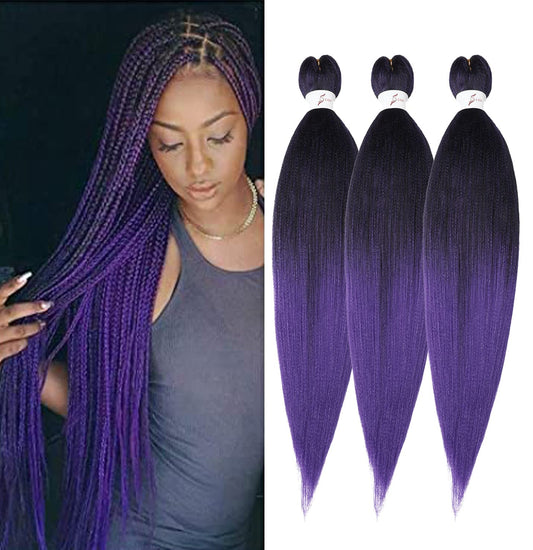 Purple Braiding Hair Pre Stretched 24 inch 3 Packs Braiding Hair Soft Yaki Texture, No Itch, Hot Water Setting Synthetic Hair Extensions for Braids (24in,1B/Purple)