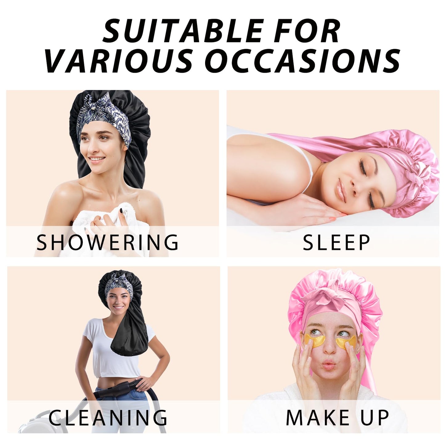 2Pcs Bonnets for Women Sleeping Braid Bonnet, Large Long Satin Silk Bonnet for Braids, Black Women Braid Bonnets with Stretchy Tie Band for Sleeping Extra Long (Pink &Black Pattern)