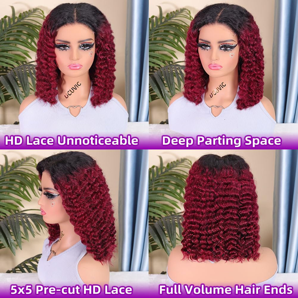 UCUVIC Wear And Go Glueless Wigs Human Hair Pre Plucked Pre Cut Curly 5x5 Deep Wave Bob Wig Human Hair Lace Front Closure Wigs For Black Women 200 Density Curly Wig Glueless Ombre Burgundy 12 Inch