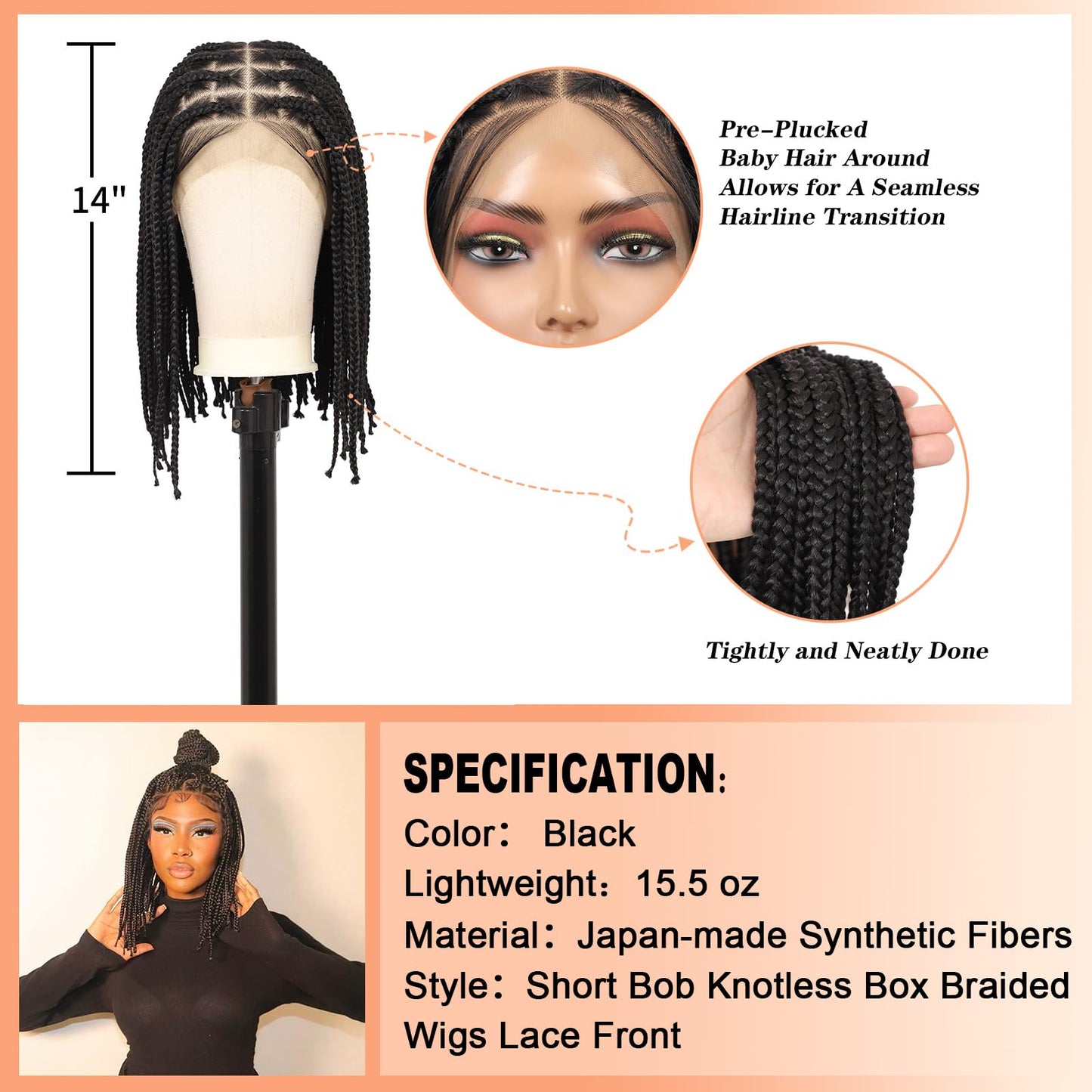 Brinbea 13x8'' HD Lace Front Knotless Short Braided Wigs for Women Bob Box Braid Wig with Baby Hair Premium Synthetic Braided Lace Front Wigs Black 14 Inch