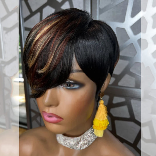 QiaQiaRing 10A Pixie Cut Wigs for Black Women Side Part 1b/33/27 Daily Use Color Short Layered Pixie Cut Human Hair Wigs With Bangs Brazilian Virgin Straight Human Hair (1b/33/27)