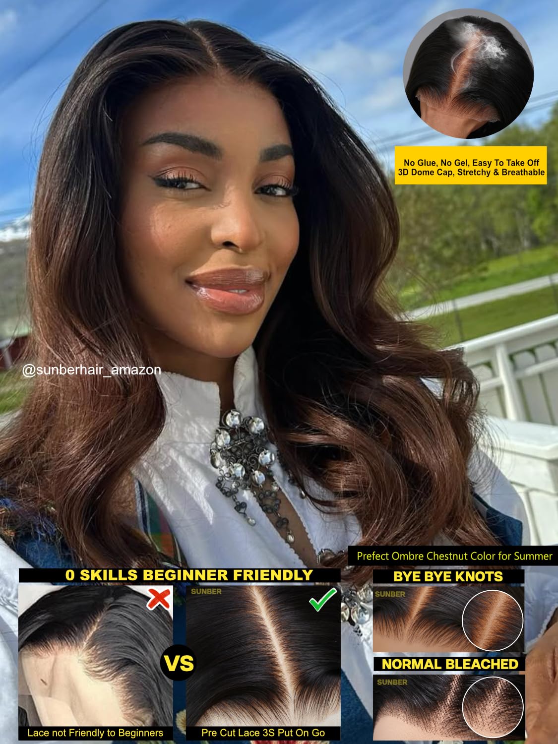 Sunber Ombre Chestnut Yaki Straight Human Hair Wigs with Drawstring Put and Go Bye Bye Knots Pre Cut 7x5 HD Lace Front Glueless Yaki Wigs Pre Plucked Invisible Knots 3S Wear 16Inch Beginner friendly