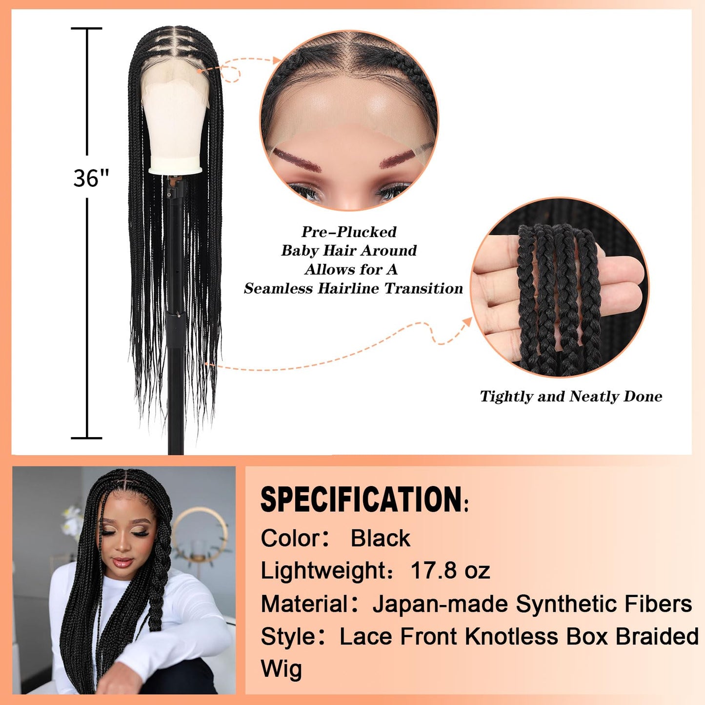 Brinbea 36'' 13X8" HD Lace Front Knotless Braided Wigs for Women Box Braid Wig with Baby Hair Braided Lace Front Wigs Premium Synthetic Braid Wig Natural Long Black