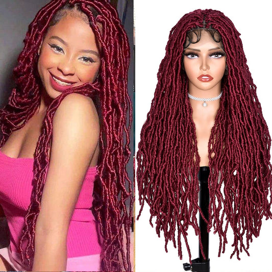 ANNISOUL Burgundy Full Lace Faux Locs Braided Wig Curly Hair Hand-braided Synthetic Crochet Braids with Baby Hair 32Inch Full Double Lace Synthetic Curly Crochet Locs Twist Wigs for Black Women