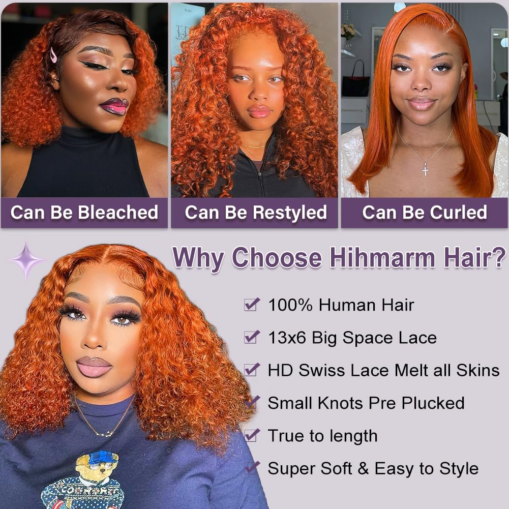 Hihmarm Ginger 13x6 Deep Wave Hd Lace Front Bob Wigs Human Hair Pre Plucked Orange Curly Lace Frontal Wigs For Black Women Bob Glueless Wig Human Hair Wet And Wave 180 Density 14 Inch