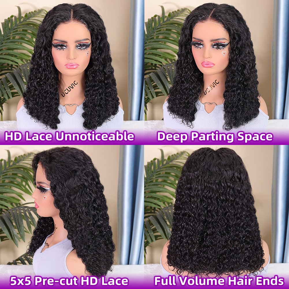 UCUVIC Wear And Go Glueless Wigs Human Hair Pre Plucked Pre Cut 5x5 Water Wave Bob Wig Human Hair Lace Front Closure Wigs For Black Women 200 Density Curly Wig Glueless Wear And Go Black 16 Inch