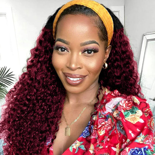 Celiarita Ombre Wine Red Headband Wig Human Hair Deep Wave Wigs for Black Women Glueless None Lace Front Machine Made Brazilian Virgin Black to Dark Red Deep Wave Headband Wig Human Hair 22 Inch