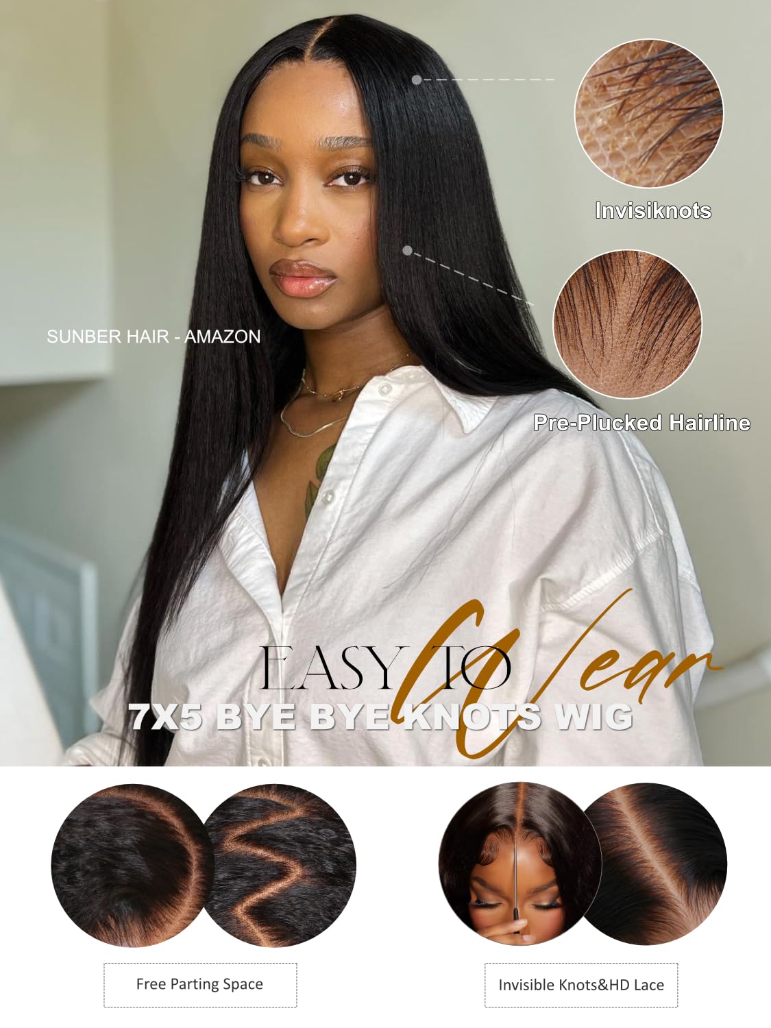 Sunber Yaki Straight Bye Bye Knots Pre Cut Lace 7x5 Lace Front Glueless Wig Put On Go Light Yaki Straight Human Hair Wig Pre Bleached Invisible Knots 150% Density with Baby Hair 20Inch for Beginner