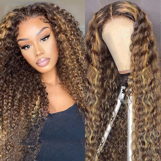 Mepurer Honey Blonde Wig Human Hair Deep Wave Lace Front Wigs 200 Density 4/27 Highlight Ombre 13x4 HD Transparent Lace Front Wig with Baby Hair Deep Curly Wave Wig Human Hair for Black Women 26 Inch