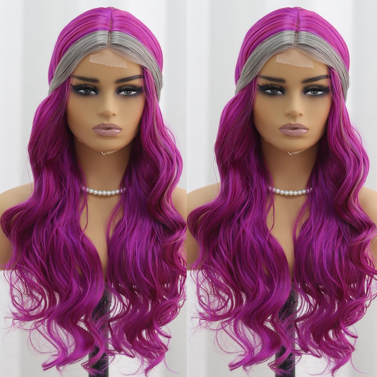 SISIFIRE Purple Gray Highlight Wavy Wigs for Women Synthetic Small Lace Front Wig Long Curly Wavy Wigs for Daily Party Use Heat Resistant Fiber Wig