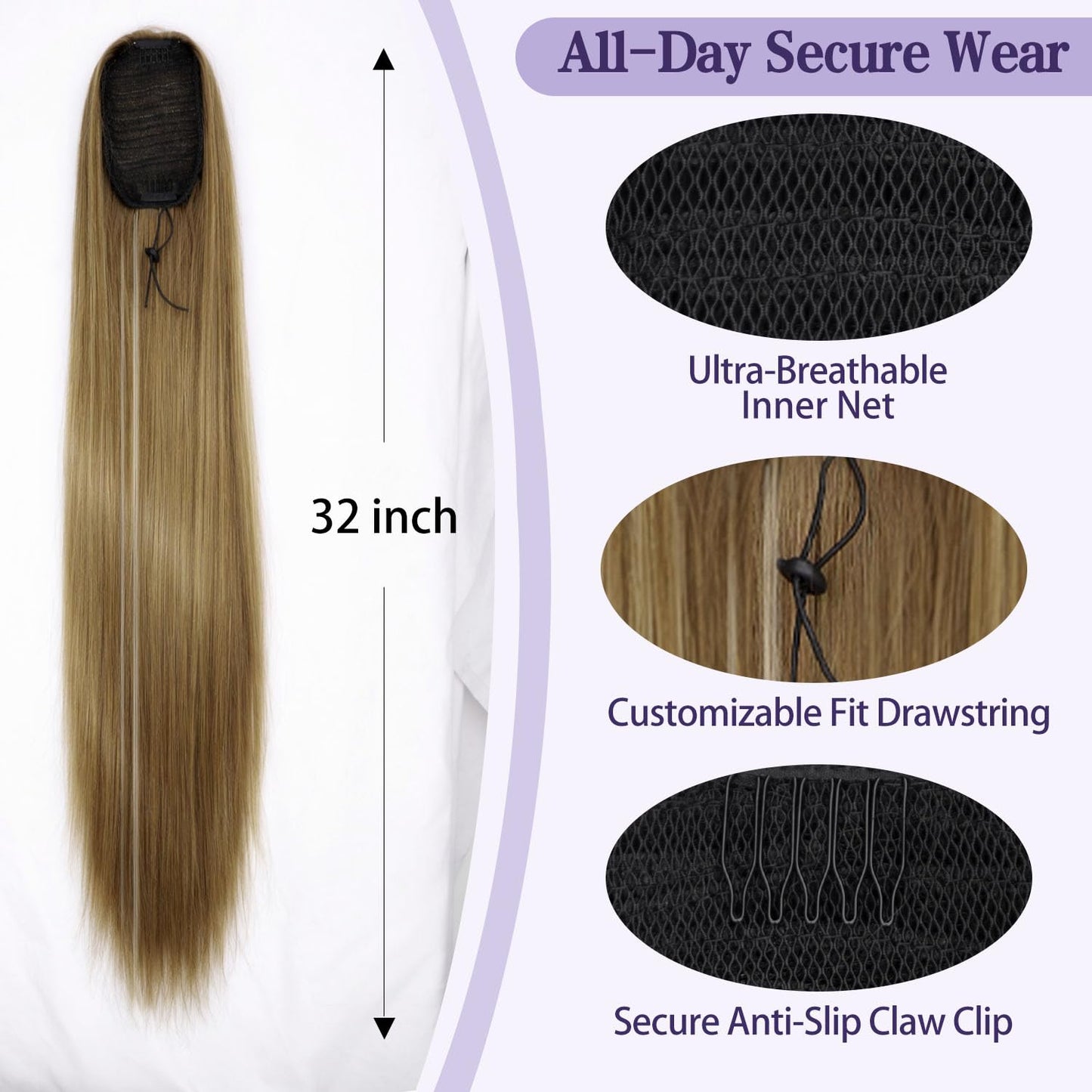 ORSUNCER Drawstring Ponytail Extension, Long Straight Pony Tails Hair Extensions Natural Soft Clip in Ponytail for Women Synthetic Hairpieces