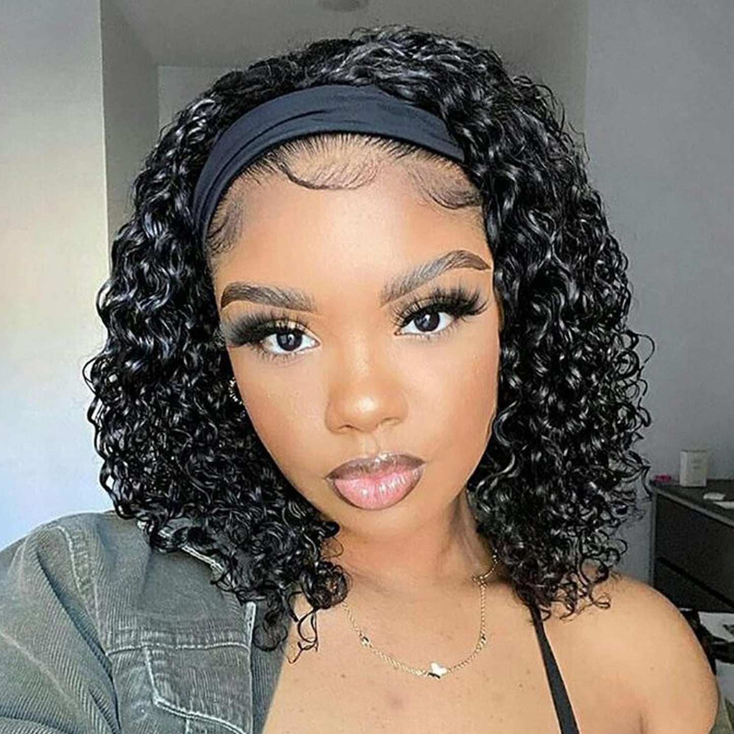 Aisaide Headband Wig Kinky Curly Black Headband Wigs for Black Women Natural Black None Lace Front Curly Wave Half Hair Wear and Go Glueless Wig