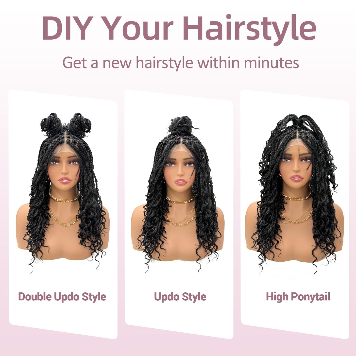 Janyuwool 18" Boho Knotless Box Braided Wigs Full Double Lace Short Braid Wig for Black Women Lace Frontal Human Hair Blended Braided Wig with Boho Curls Lace Front Braids Wigs with Baby Hair (Black)