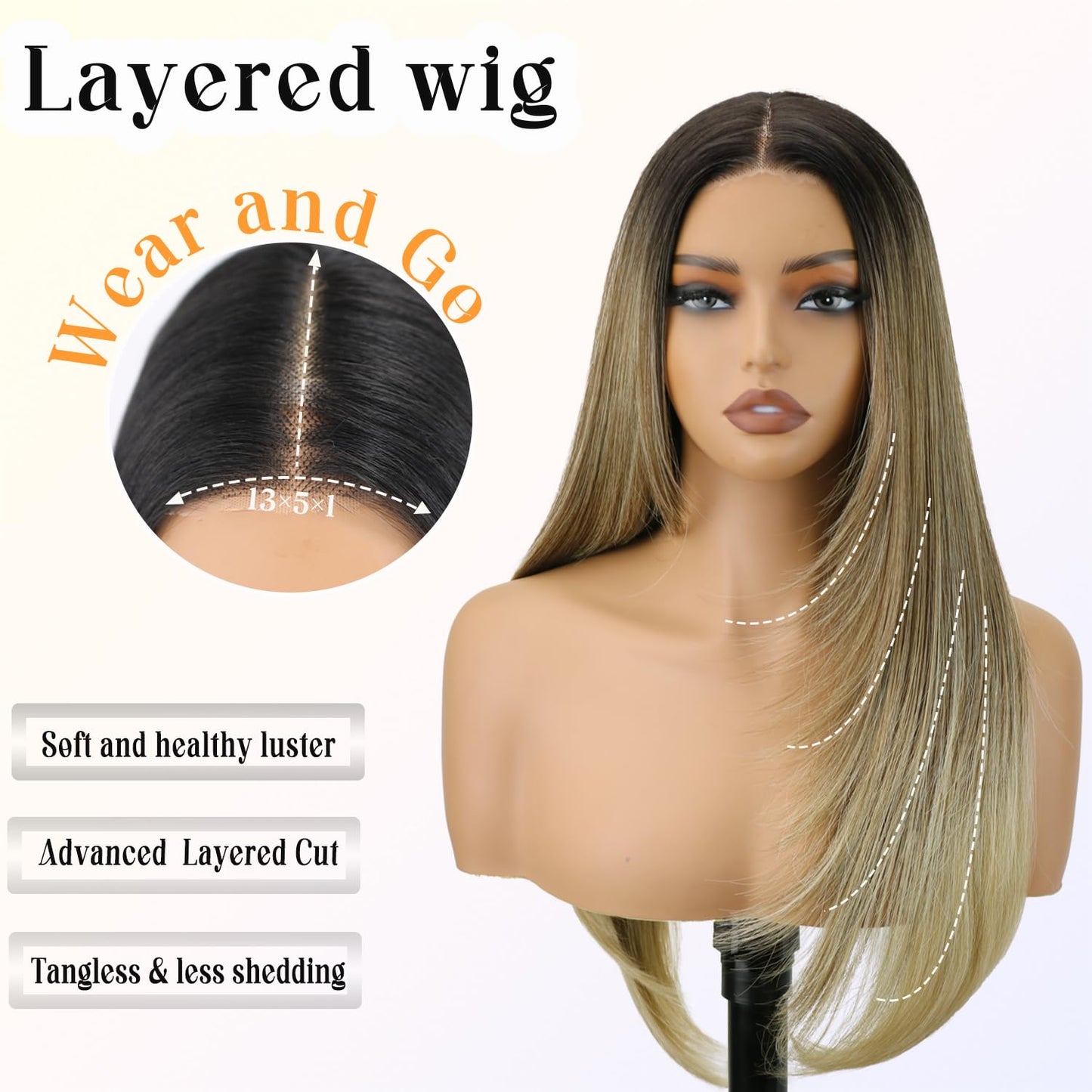 NOSTALGIA Ombre Blonde Wear and Go Glueless Wigs Pre Plucked Pre Cut for Beginners Synthetic Lace Front Wigs With Bangs Blonde Long Layered Straight Wigs