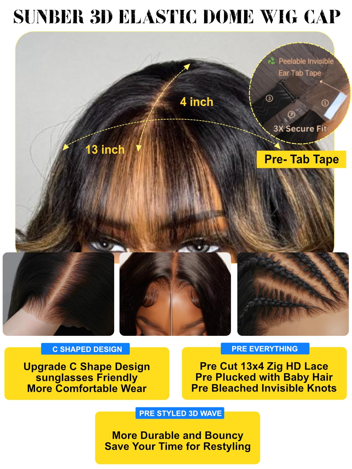 Sunber Ombre Brown Loose Body Wave With Bangs Pre Everything Glueless 13x4 HD Lace Front Human Hair Wig 180% Density Highlight Balayage Pre cut Lace Pre Plucked Bye Bye Knots Drawstring Wig 16Inch