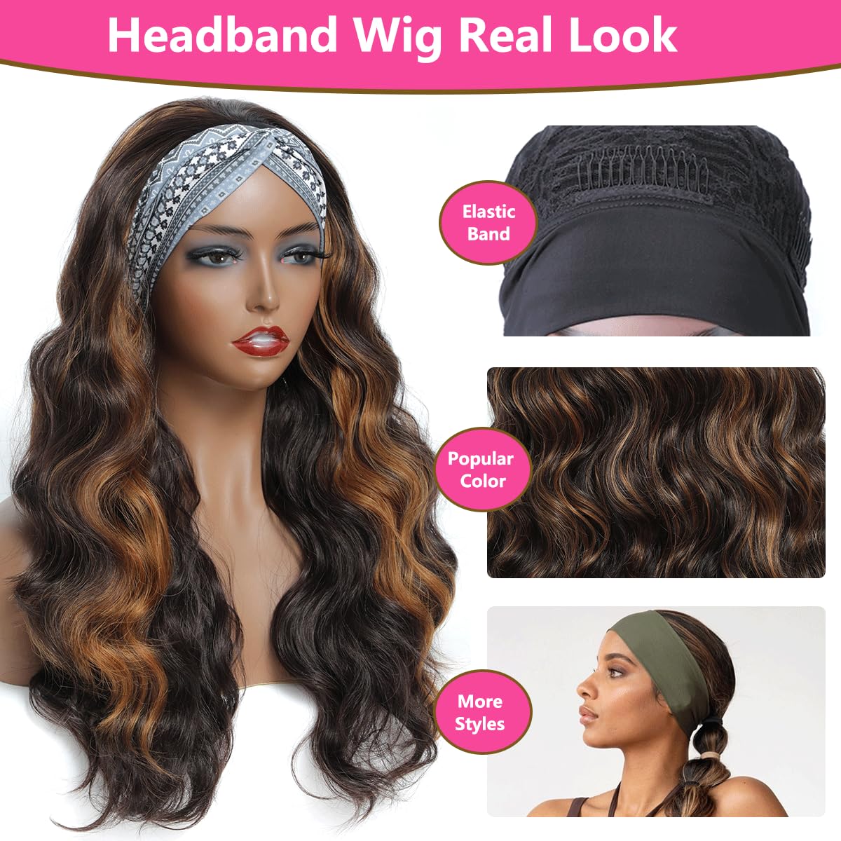 YUPEWG Long Wavy Headband Wigs for Black Women Glueless Highlight Brown And Black Synthetic Headband Wig Ready to Wear Wigs Glueless Wigs Daily Party Wear
