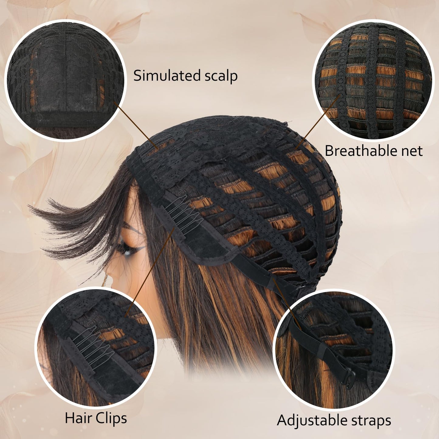 NOVFLKW Highlight Long Straight Layered Wig with Bangs for Women 26 inch Highlight Brown Put on Go Realistic Synthetic Heat Resistant Natural Wig for Girls Party Cosplay and Daily Use