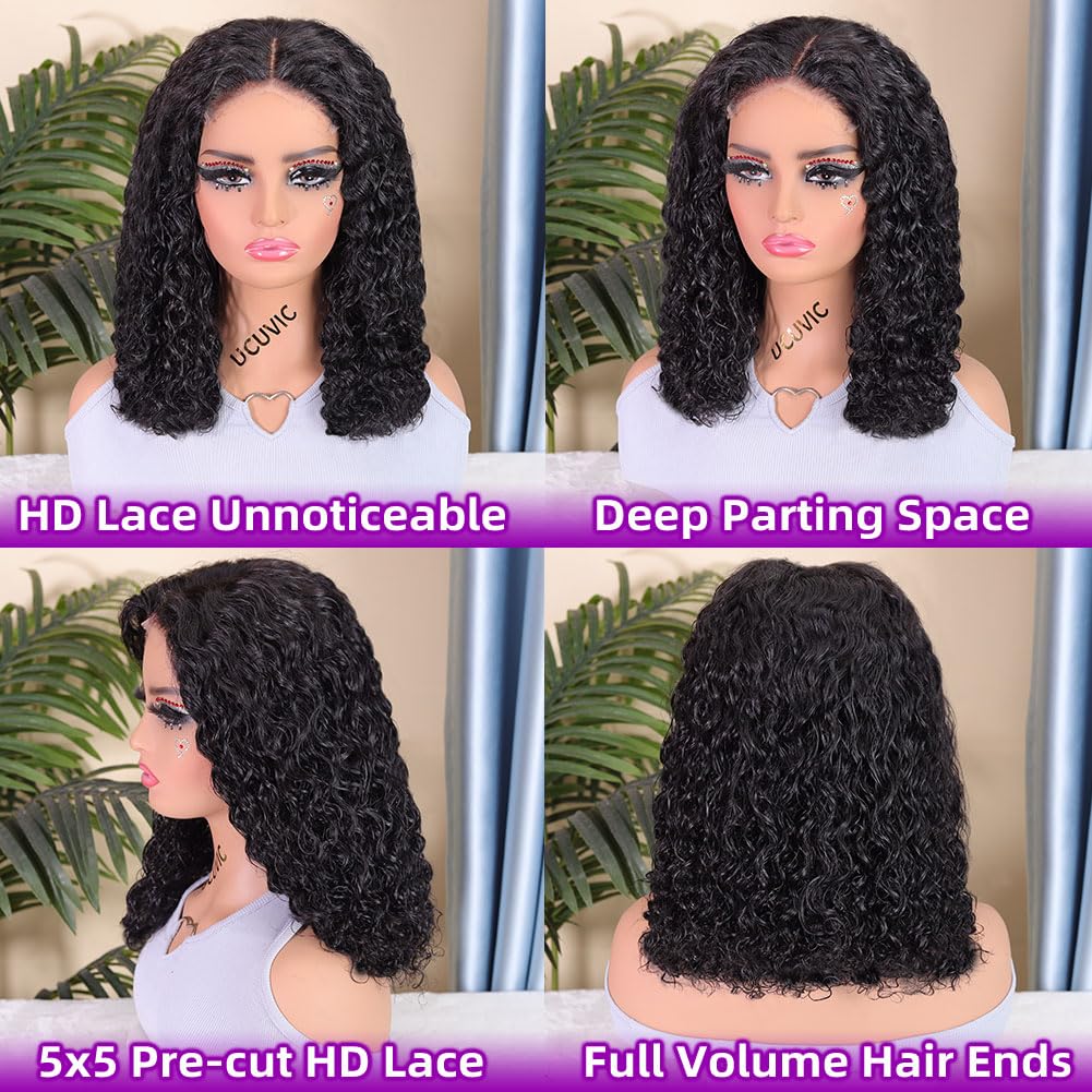 UCUVIC Glueless Wigs Human Hair Pre Plucked Pre Cut Wear And Go Curly 5x5 Water Wave Bob Wig Human Hair Lace Front Closure Wigs For Black Women 200 Density Curly Wig Glueless Wear And Go Black 14 Inch