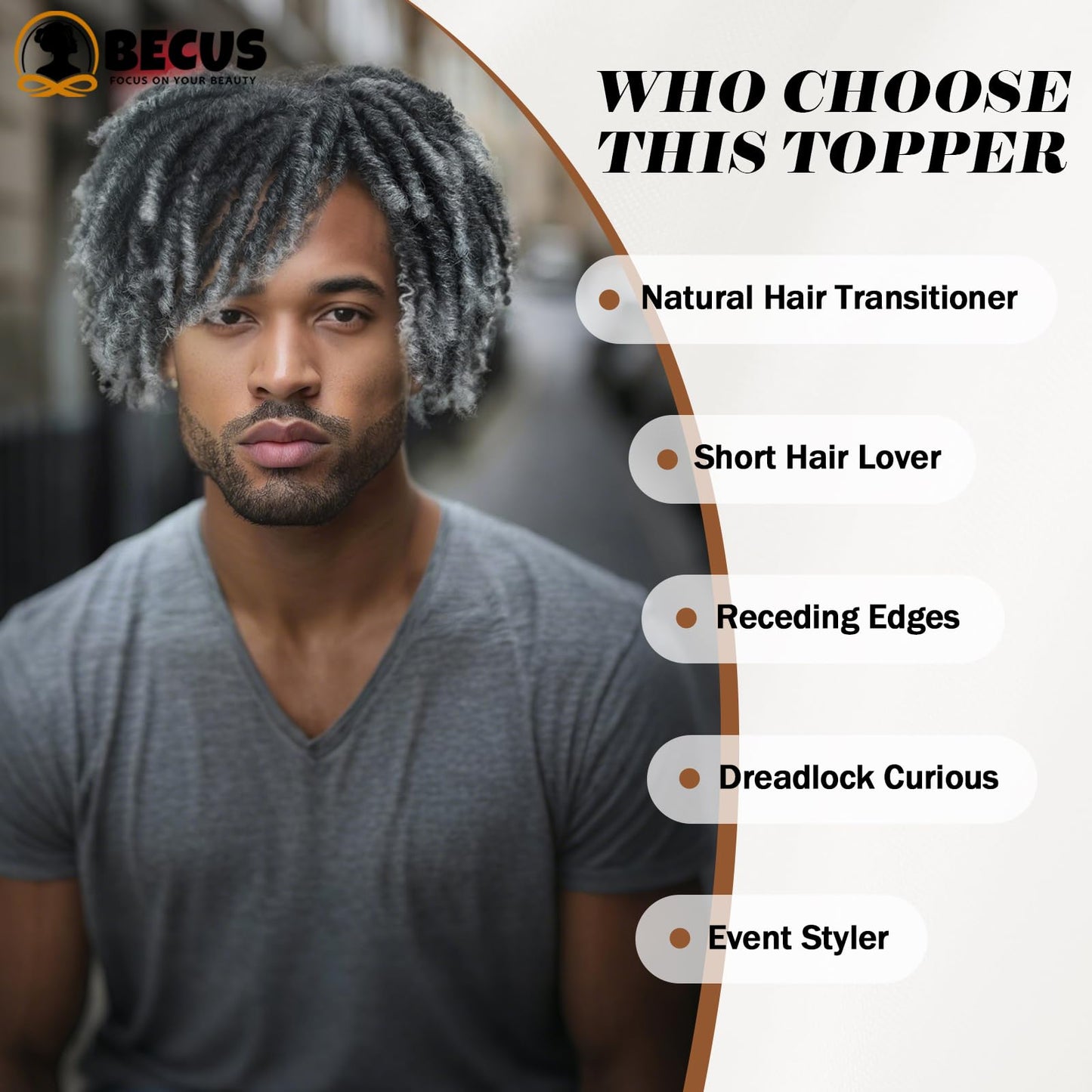 BECUS Hair topper Dreadlock Toupee Afro Fake Dreads Dread Lock Topper Toupee Hair for Men and Black Women Braids Braided Dreadlocks Afro Curly Synthetic Hairpieces Party Halloween(Gray)