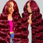 QZOQZO 99J Burgundy Lace Front Wigs Human Hair 13x6 HD Transparent Body Wave Lace Front Wigs Pre Plucked 99j Burgundy Red Wine Glueless Human Hair Wigs for Women Reddish Brown 180% Density 30 Inch