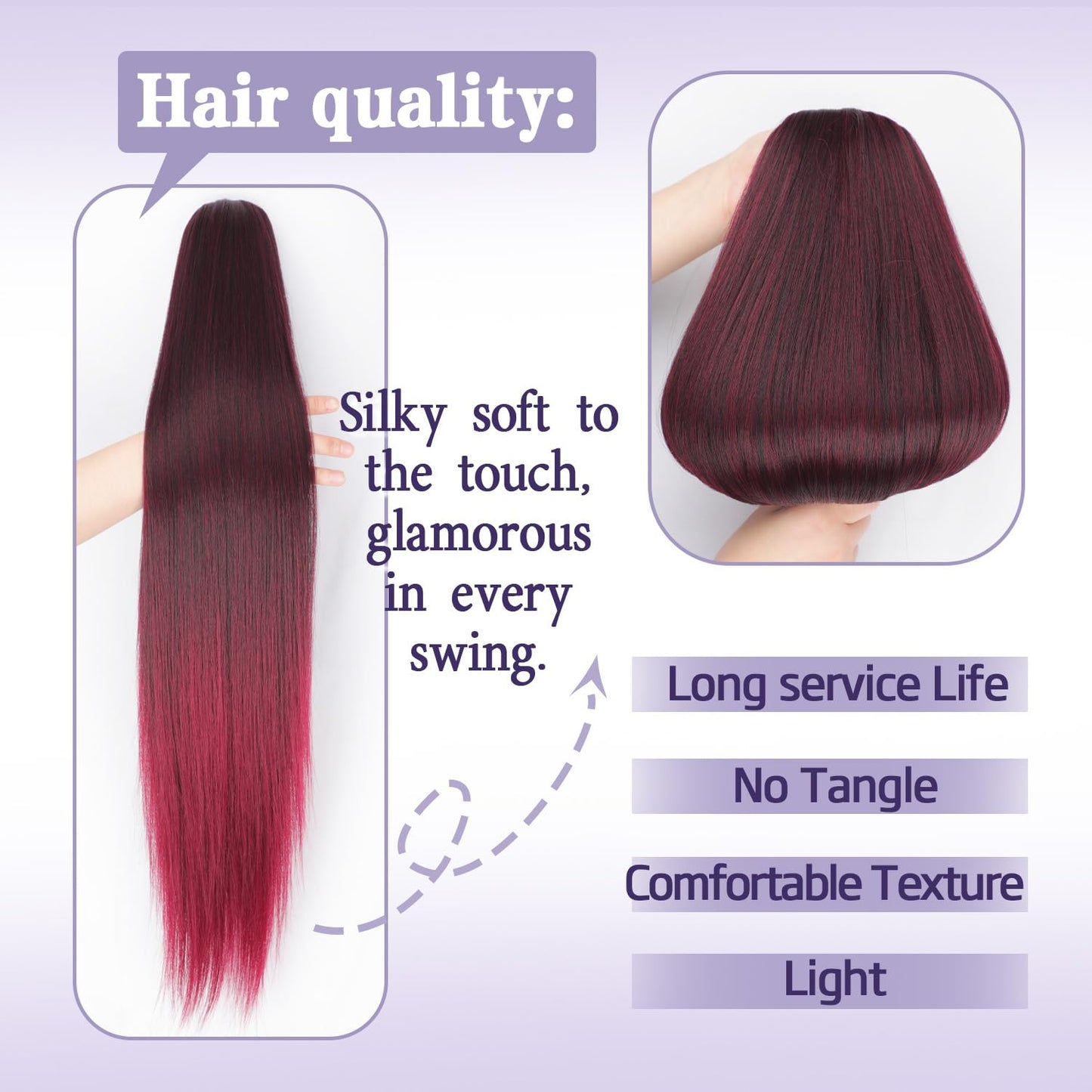 ORSUNCER Drawstring Ponytail Extension, Long Straight Pony Tails Hair Extensions Natural Soft Clip in Ponytail for Women Synthetic Hairpieces Omber Burgundy