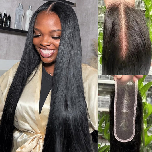 2x6 HD Lace Closure Straight Lace Closure Pre Plucked Single Knot Kim K Long Deep Parting 0.10mm Ultra-thin Invisible Swiss 130% Density Virgin Human Hair Natural Black(18 Inch)