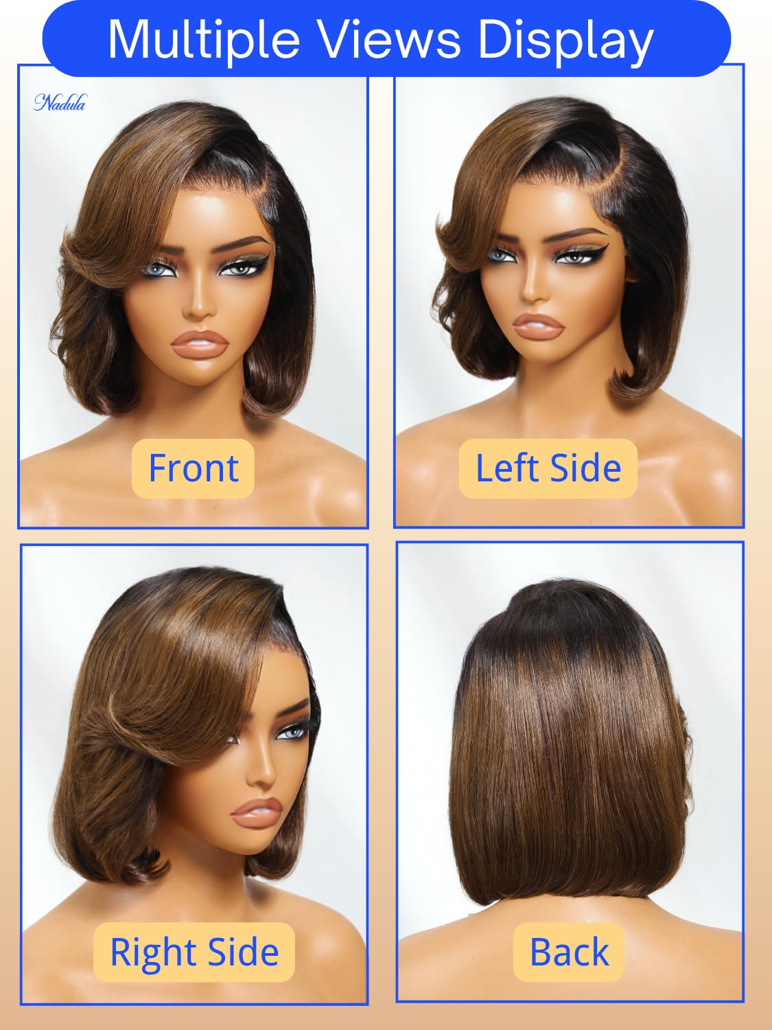 Nadula Glueless Bye Bye Knots Short Bob Drawstring Wig human Hair with Blow Out Bangs, Black to Chestnut Brown Ombre Pre Cut 7X5 HD Lace Front Wigs Pre Plucked Bleached Knots Ready to Wear 10inch