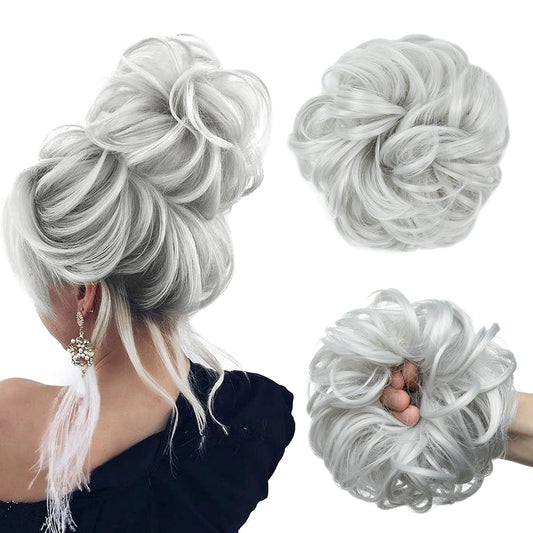 CJL HAIR Large Messy Bun Hair Piece Wavy Curly Scrunchies Synthetic Chignon Ponytail Hair Extensions Thick Updo Hairpieces for Women (Light Silver Grey)
