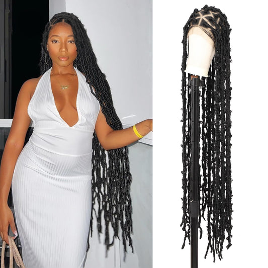 Youthfee 48" Black Butterfly Braided Wig with Lace Front, Synthetic Hair, Women