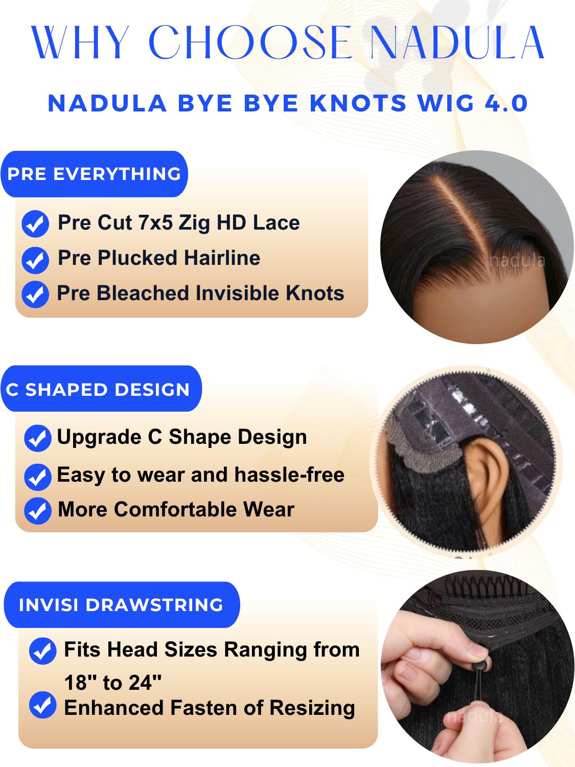 Nadula Bye Bye Knots Glueless Straight Bob Drawstring Wig Human Hair Pre Plucked, Pre Cut 7x5 HD Lace Front Wigs Invisible Bleached Knots Ready to Wear Pre Everything Short Bob Wig 150% Density 14inch