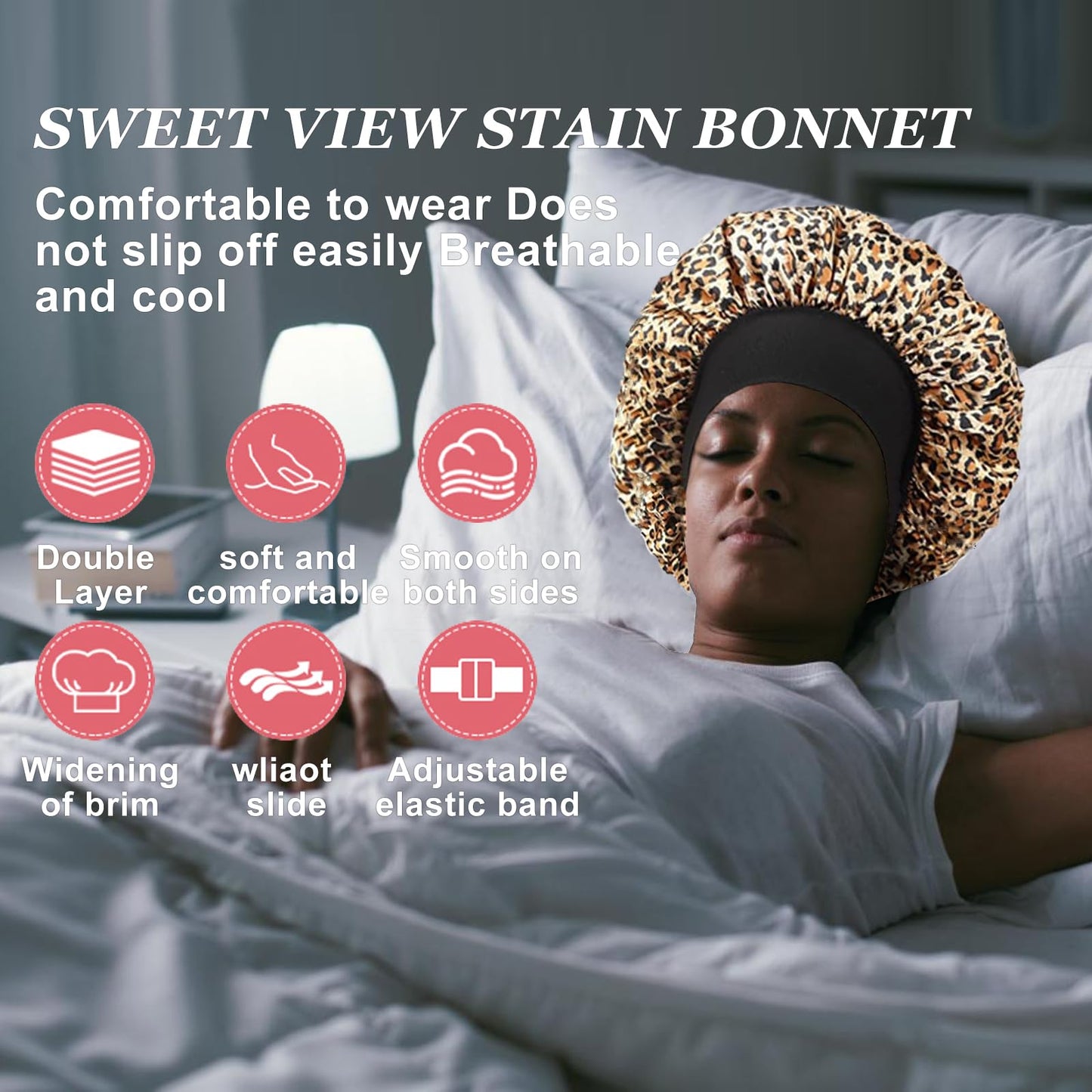 4PCS Silk Hair Bonnet for Sleeping,Hair Wrap Satin Bonnets Shower Cap for Black Women Men, Elastic Wide Band Hair Bonnet Cap for Sleeping Curly Hair(Black & Wine Red & Purple Print & Leopard Pattern)