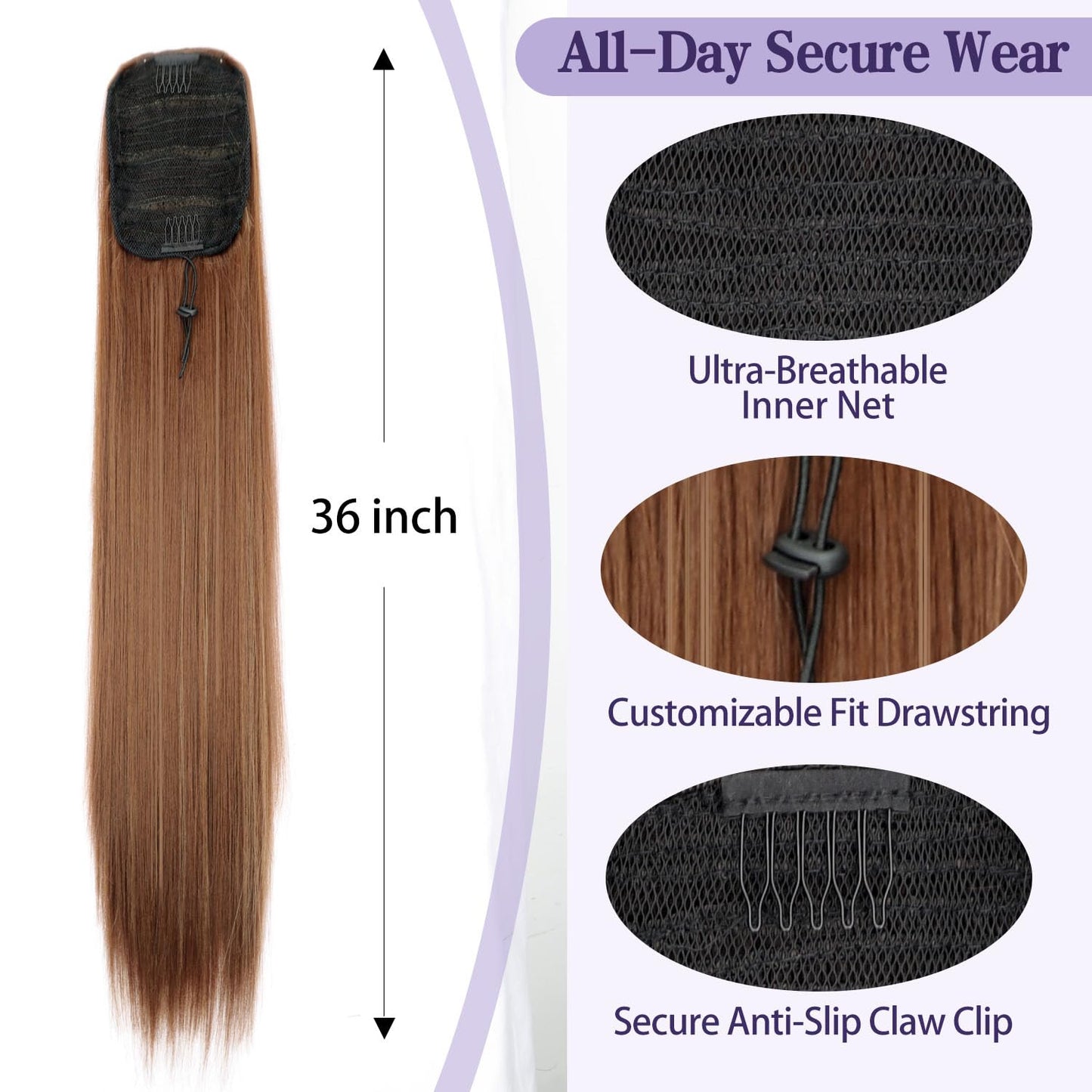 ORSUNCER Drawstring Ponytail Extension, Long Straight Pony Tails Hair Extensions Natural Soft Clip in Ponytail for Women Synthetic Hairpieces Auburn Brown