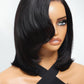 UNICE 8 inch Short Layered Bob Drawstring Wig Human Hair with Side Swept Bangs Bye Bye Knots 7x5 Lace closure Glueless Wigs Human Hair Pre Plucked Pre Cut Read to Wear