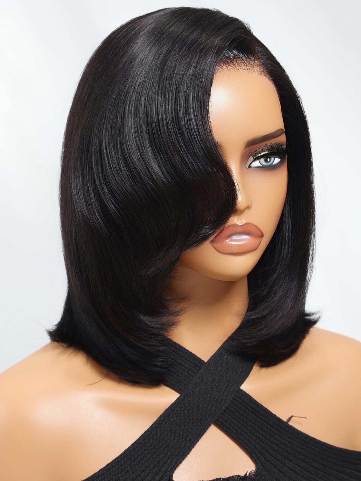 UNICE 8 inch Short Layered Bob Drawstring Wig Human Hair with Side Swept Bangs Bye Bye Knots 7x5 Lace closure Glueless Wigs Human Hair Pre Plucked Pre Cut Read to Wear