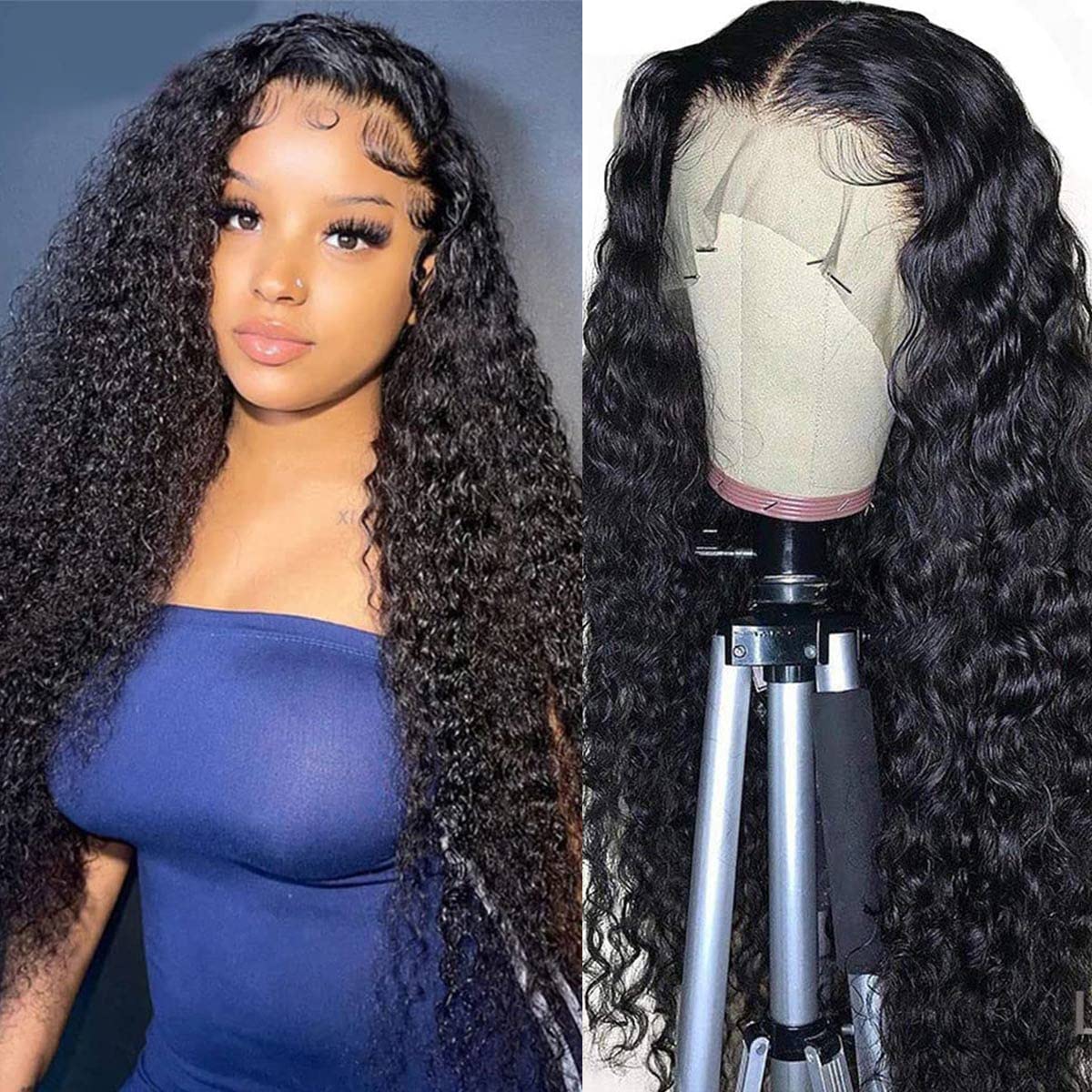 WPPIKK 13x4 Lace Front Wigs Human Hair Pre Plucked 180 Density Brazilian Wet and Wavy Human Hair Wigs for Black Women Glueless Curly Lace Frontal Wig Natural Color (28 Inch)