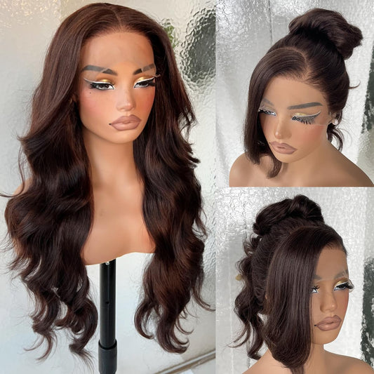 BlackSwern 13x6 HD Glueless Lace Frontal Wigs Pre-Plucked, 200 Density Dark Brown Similar Human Hair Synthetic Long Body Wave Lace Front Wig Ready to Wear, 26inch #4 Dark Brown