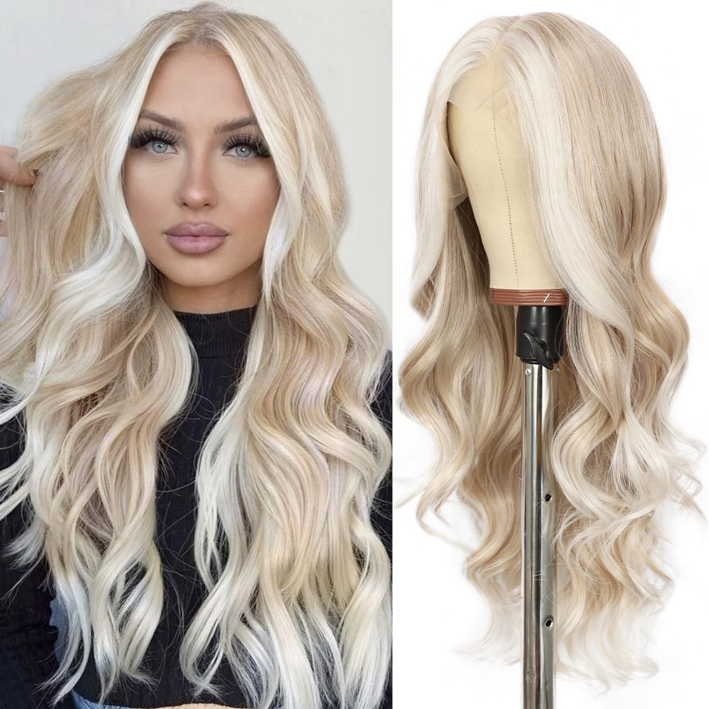 SAPPHIREWIGS 13×4 Body Wave Lace Front Wig for Women Highlight Ash Blonde with White Tips Pre Plucked Hairline Long Wavy Synthetic Wigs for Daily Party Use 26inch