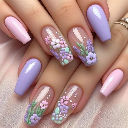 3D Flower Press on Nails Medium Coffin Fake Nails with Spring Fresh Flower Designs Glue on Nails Purple Pink Acrylic Press on Nails Kits Full Cover False Nails with Glue Stick on Nails for Women 24PCS