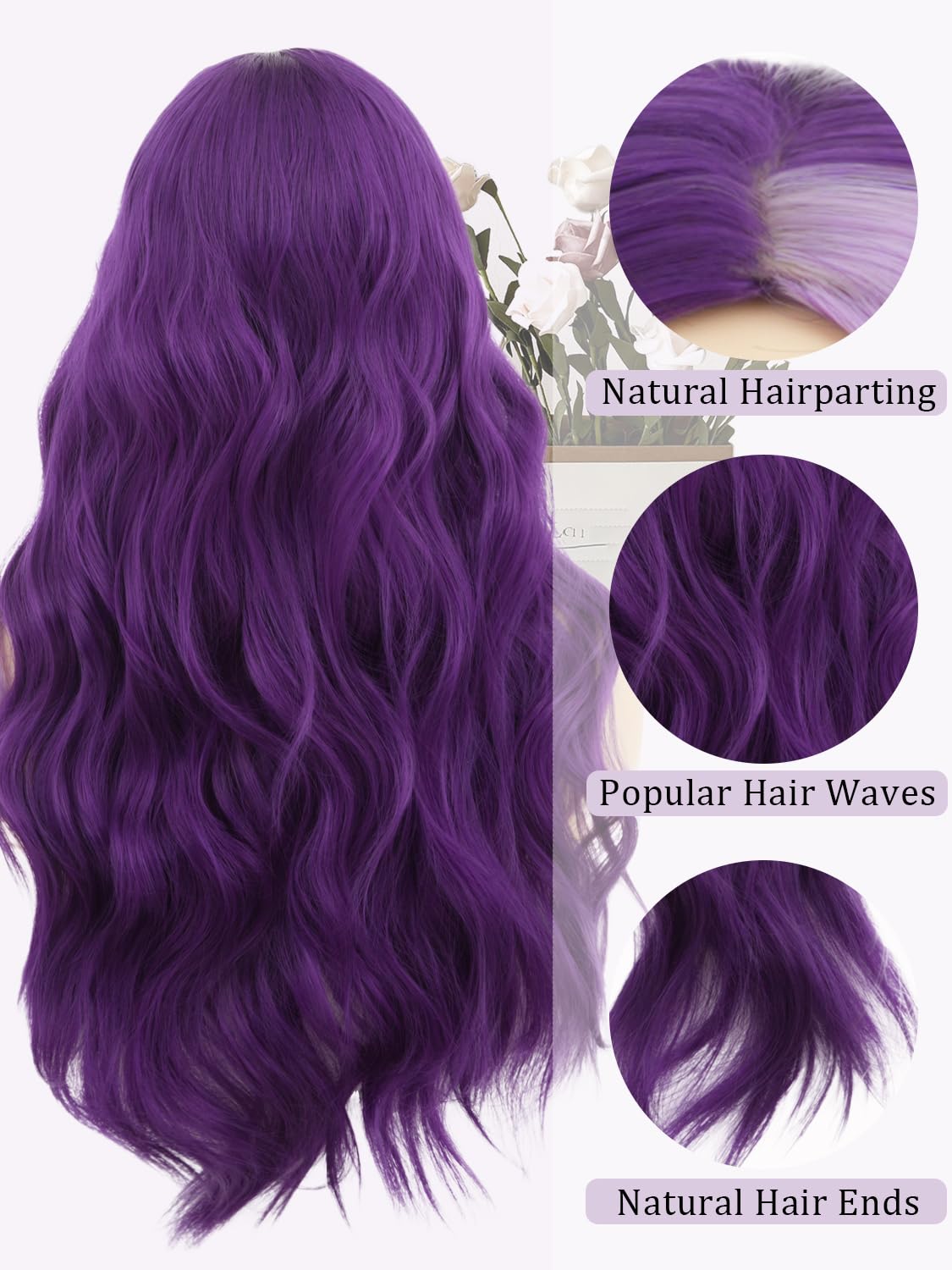 Sabosi Long Wavy Purple Wigs for Women 26 Inch Middle Part Curly Wavy Wig Natural Looking Synthetic Heat Resistant Fiber Wig for Daily Party Use