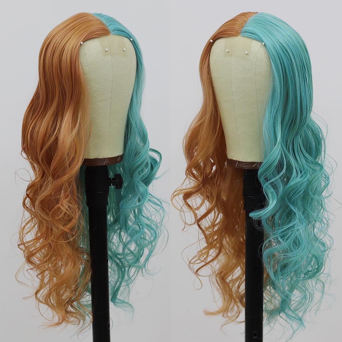 SISIFIRE Synthetic Wavy Wig Ombre Half Blue Small Lace Front Wig Heat Resistant Fiber Wigs for Cosplay Halloween Christmas Wigs