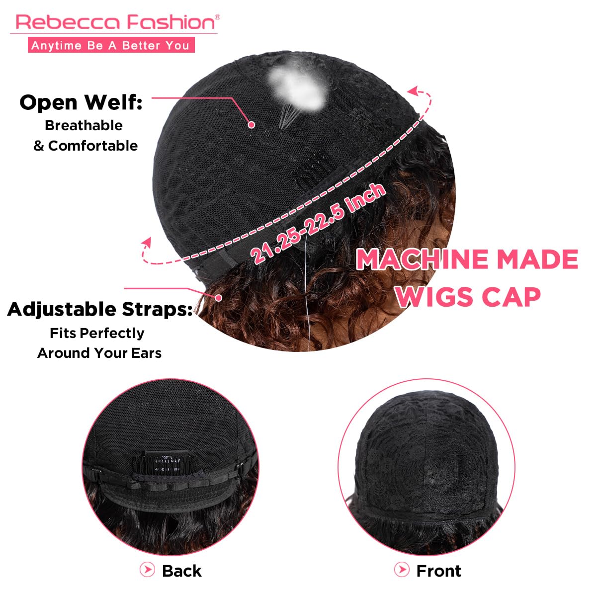 Rebecca Fashion Short Curly Human Hair Wigs for Black Women Cute Curly Bob Wig Side Part Brazilian Remy Non Lace Glueless Wigs Natural Looking Ombre Natural Color to Brown